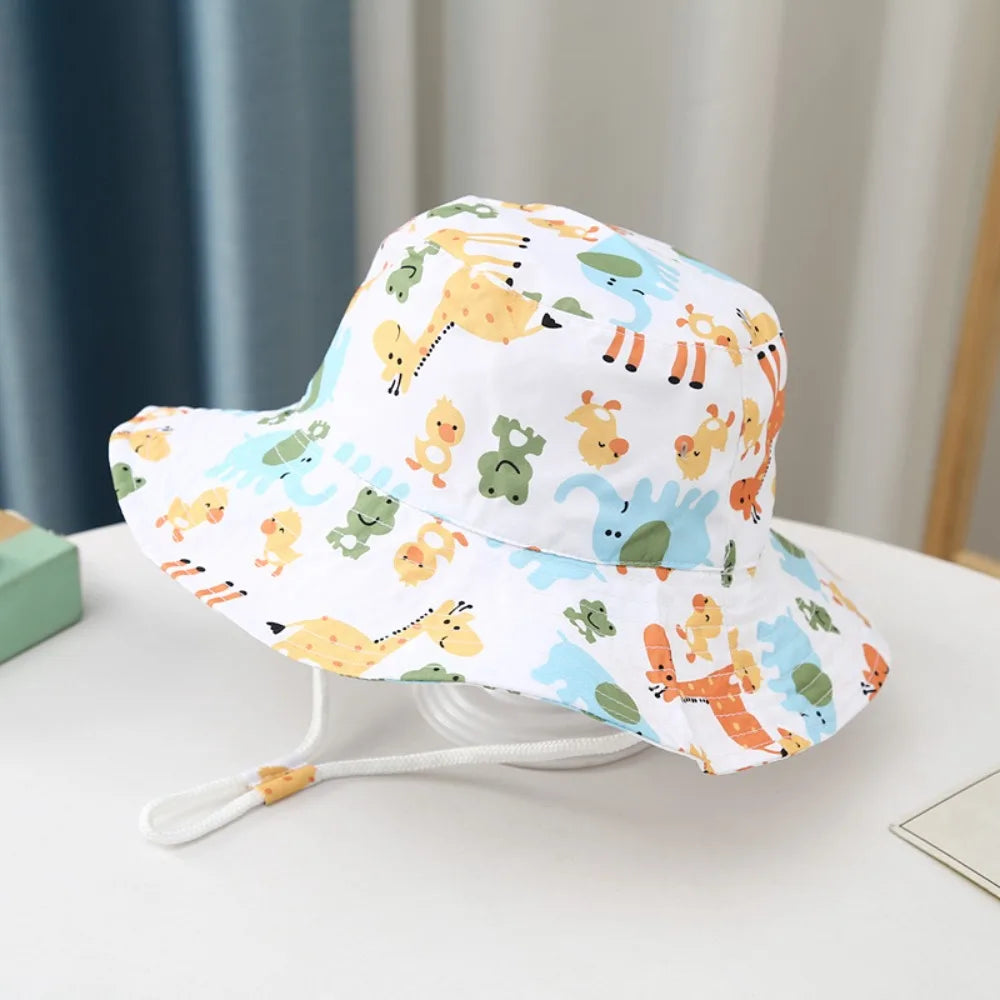 Baby Sun Hat Boy Girl Cotton Beach Summer Outdoor UV Protection Bucket Hat Kids Cartoon Printed Cap Fisherman Cap Sun Cap