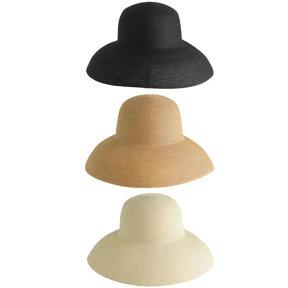Summer Sun Hats Ladies Solid Plain Elegant Wide Brim Hat Female Round Top Panama Floppy Straw Hat Hepburn Beach Hat