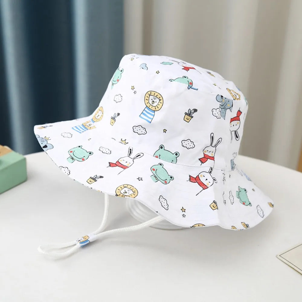 Baby Sun Hat Boy Girl Cotton Beach Summer Outdoor UV Protection Bucket Hat Kids Cartoon Printed Cap Fisherman Cap Sun Cap