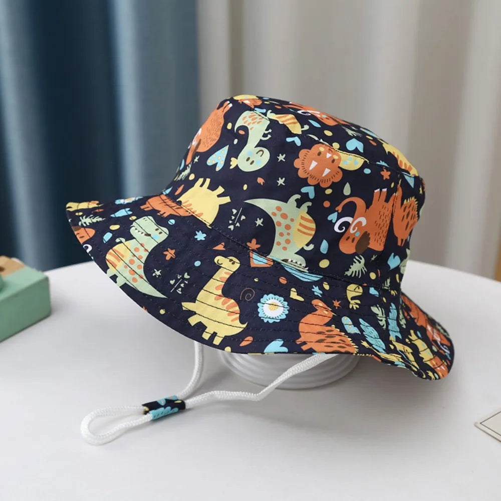 Baby Sun Hat Boy Girl Cotton Beach Summer Outdoor UV Protection Bucket Hat Kids Cartoon Printed Cap Fisherman Cap Sun Cap