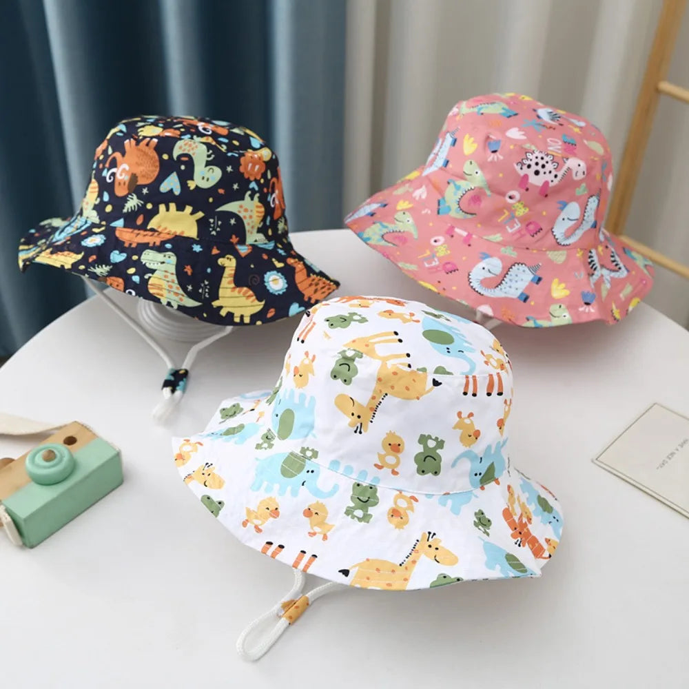 Baby Sun Hat Boy Girl Cotton Beach Summer Outdoor UV Protection Bucket Hat Kids Cartoon Printed Cap Fisherman Cap Sun Cap