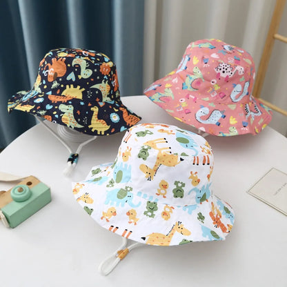 Baby Sun Hat Boy Girl Cotton Beach Summer Outdoor UV Protection Bucket Hat Kids Cartoon Printed Cap Fisherman Cap Sun Cap