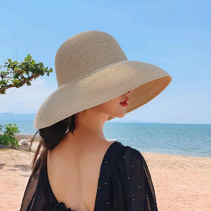 Summer Sun Hats Ladies Solid Plain Elegant Wide Brim Hat Female Round Top Panama Floppy Straw Hat Hepburn Beach Hat