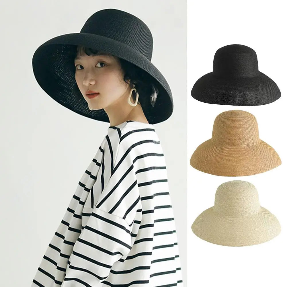 Summer Sun Hats Ladies Solid Plain Elegant Wide Brim Hat Female Round Top Panama Floppy Straw Hat Hepburn Beach Hat