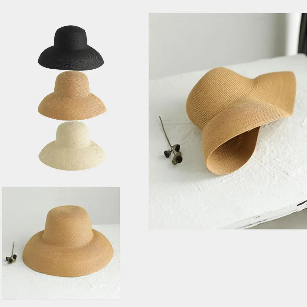 Summer Sun Hats Ladies Solid Plain Elegant Wide Brim Hat Female Round Top Panama Floppy Straw Hat Hepburn Beach Hat