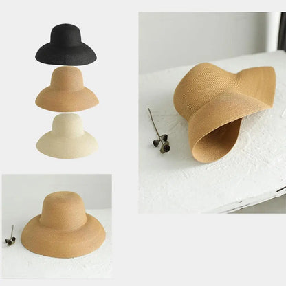 Summer Sun Hats Ladies Solid Plain Elegant Wide Brim Hat Female Round Top Panama Floppy Straw Hat Hepburn Beach Hat
