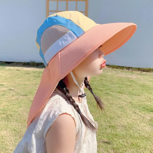 Summer Baby Sun Hat with Neck Flap UV Protection Strap Wide Brim Beach Hats Kids Bucket Hat Cap for Boys Girls Outdoor New