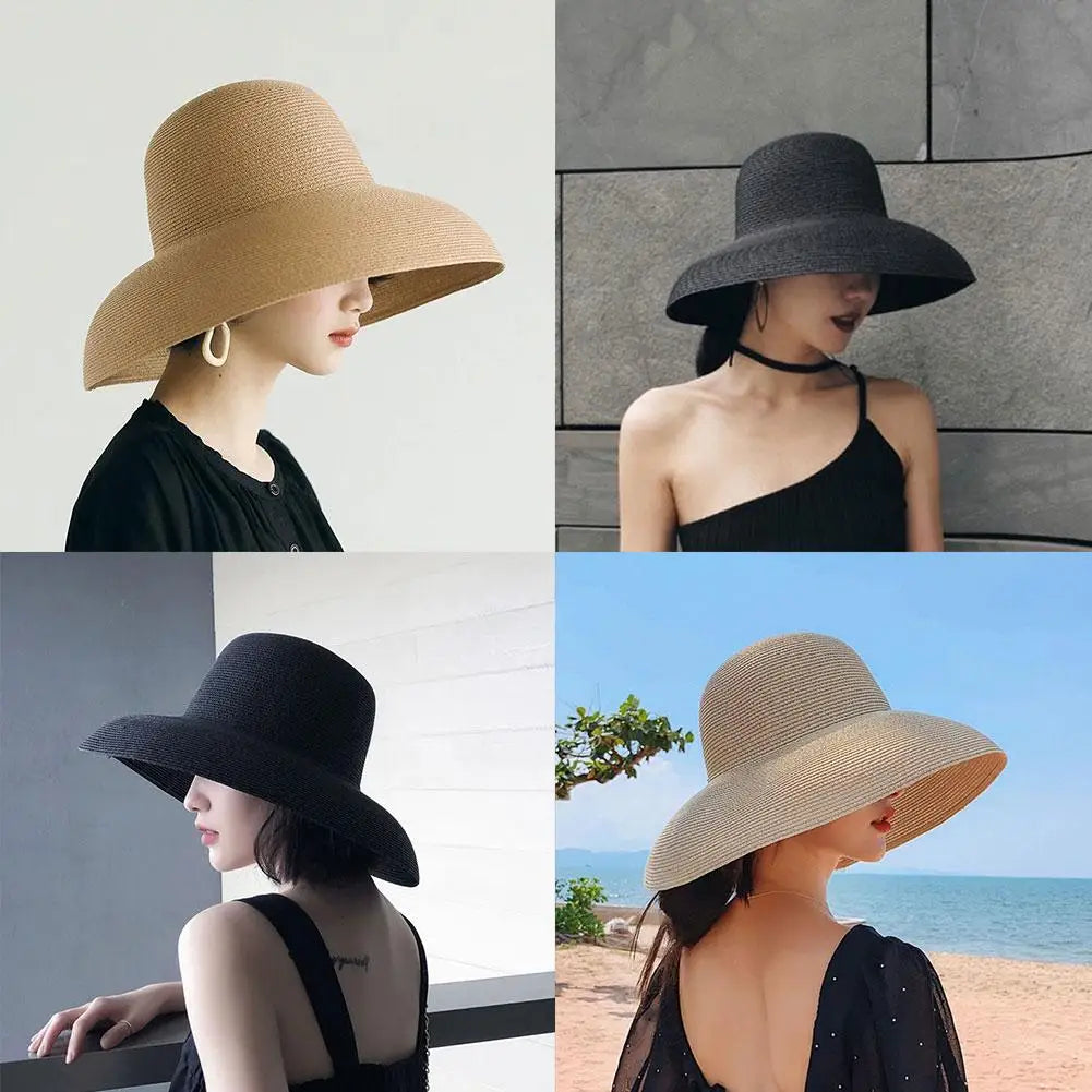 Summer Sun Hats Ladies Solid Plain Elegant Wide Brim Hat Female Round Top Panama Floppy Straw Hat Hepburn Beach Hat