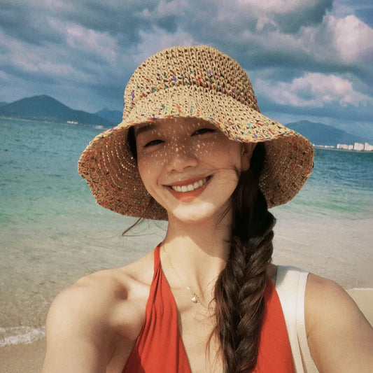 Summer Straw Sun Hats for Women Showing Face Small Bucket Hat Large Brim Sunshade and Sunscreen Seaside Beach Cap