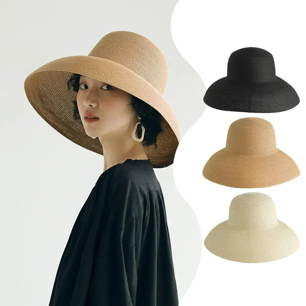 Summer Sun Hats Ladies Solid Plain Elegant Wide Brim Hat Female Round Top Panama Floppy Straw Hat Hepburn Beach Hat